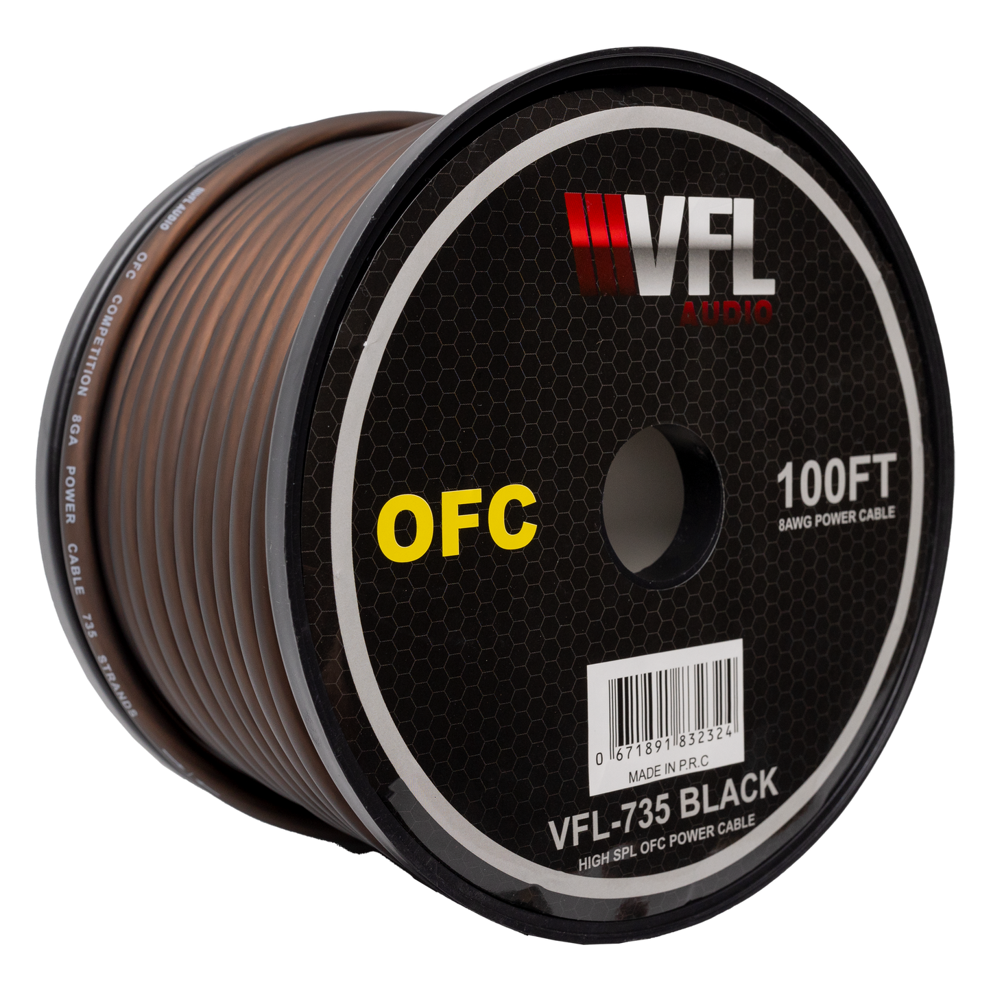 The VFL 8 Gauge OFC Wire 100ft Roll features copper wiring visible through a clear cover and branded labeling—ideal for car audio power wire installs.
