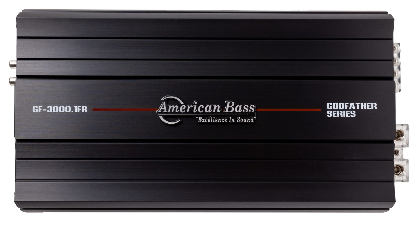 Rectangular black American Bass Godfather 2000.1D mono amplifier with silver logo and text on top for strong bass output; external connection ports are visible on the right side.