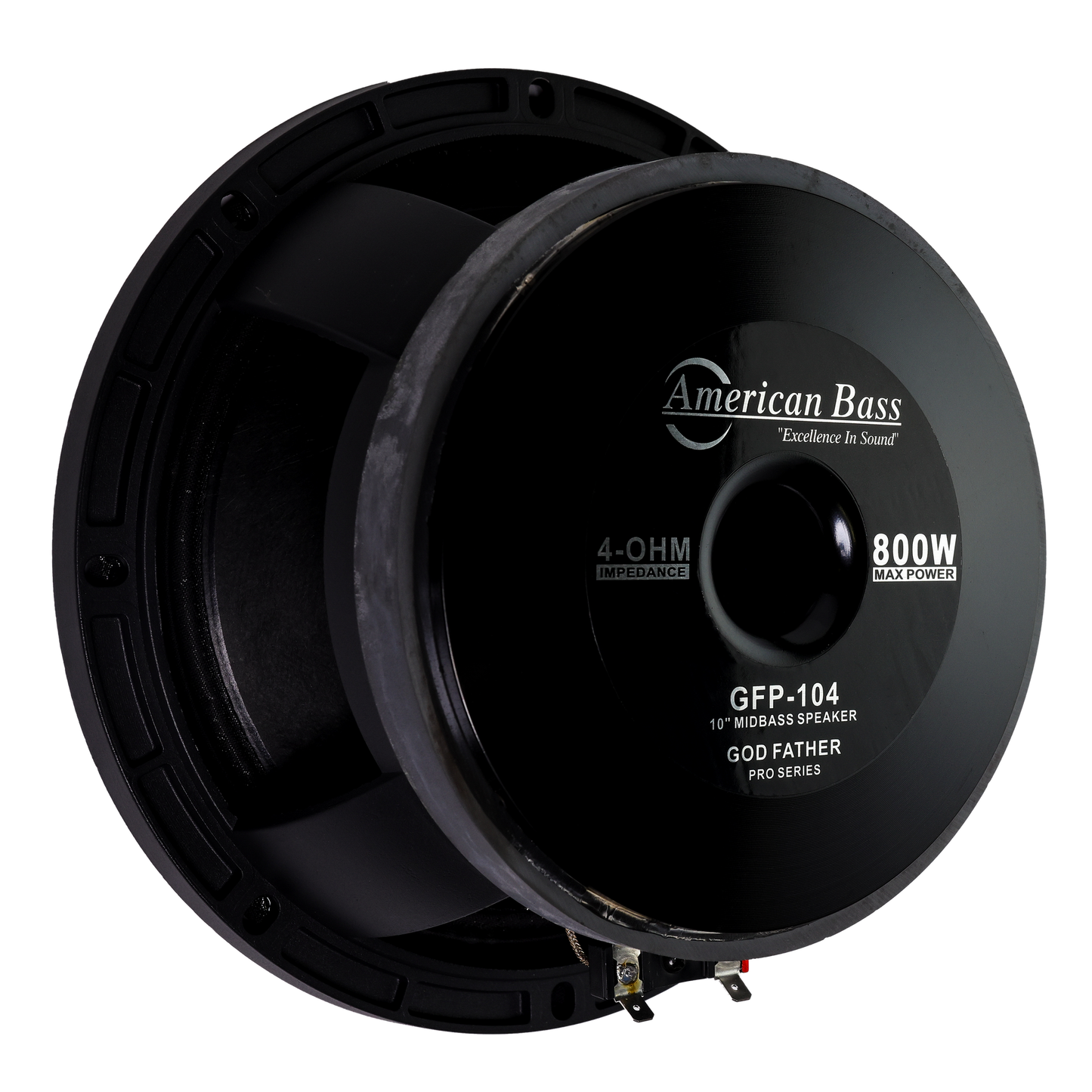 The American Bass Godfather Pro Cast 10" Midbass Speaker features Kevlar fiber cones, 4-ohm impedance, and 800W max power. The black GFP-104 model is shown at an angle highlighting its front and side.