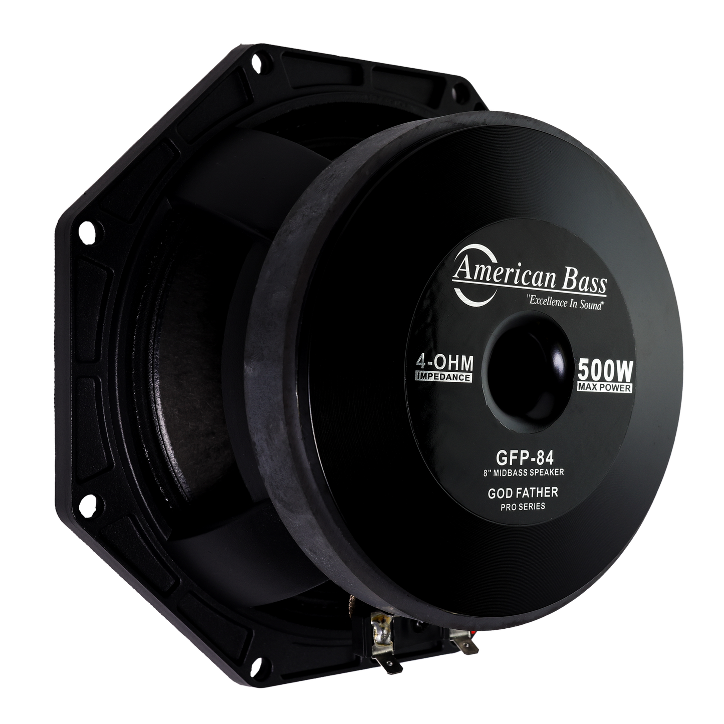 An American Bass Godfather Pro Cast 8" Midbass Speaker (500W), part of the car audio Godfather Pro series, with product details labeled on the back.