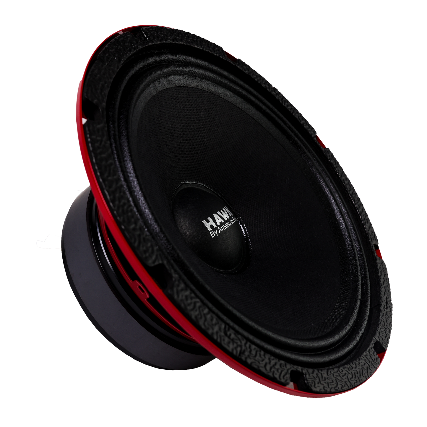 The American Bass HAWK 8″ Midrange Speaker (600W) features a black and red round design with a textured rim and “American Bass Hawk” on the cone, shown at an angle against a white background—ideal for car audio systems.