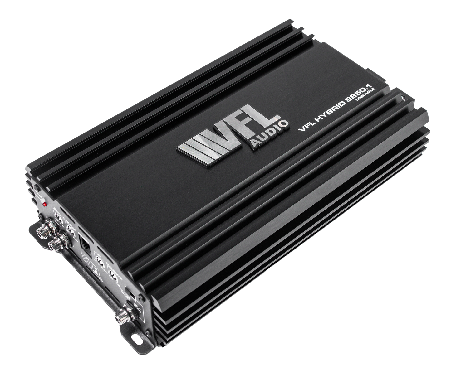 A black VFL Hybrid 2850.1 Class D High Performance Digital Monoblock Amplifier with a finned metal casing and silver logo, shown from an angled top view on a white background—ideal for enhancing your car audio system.