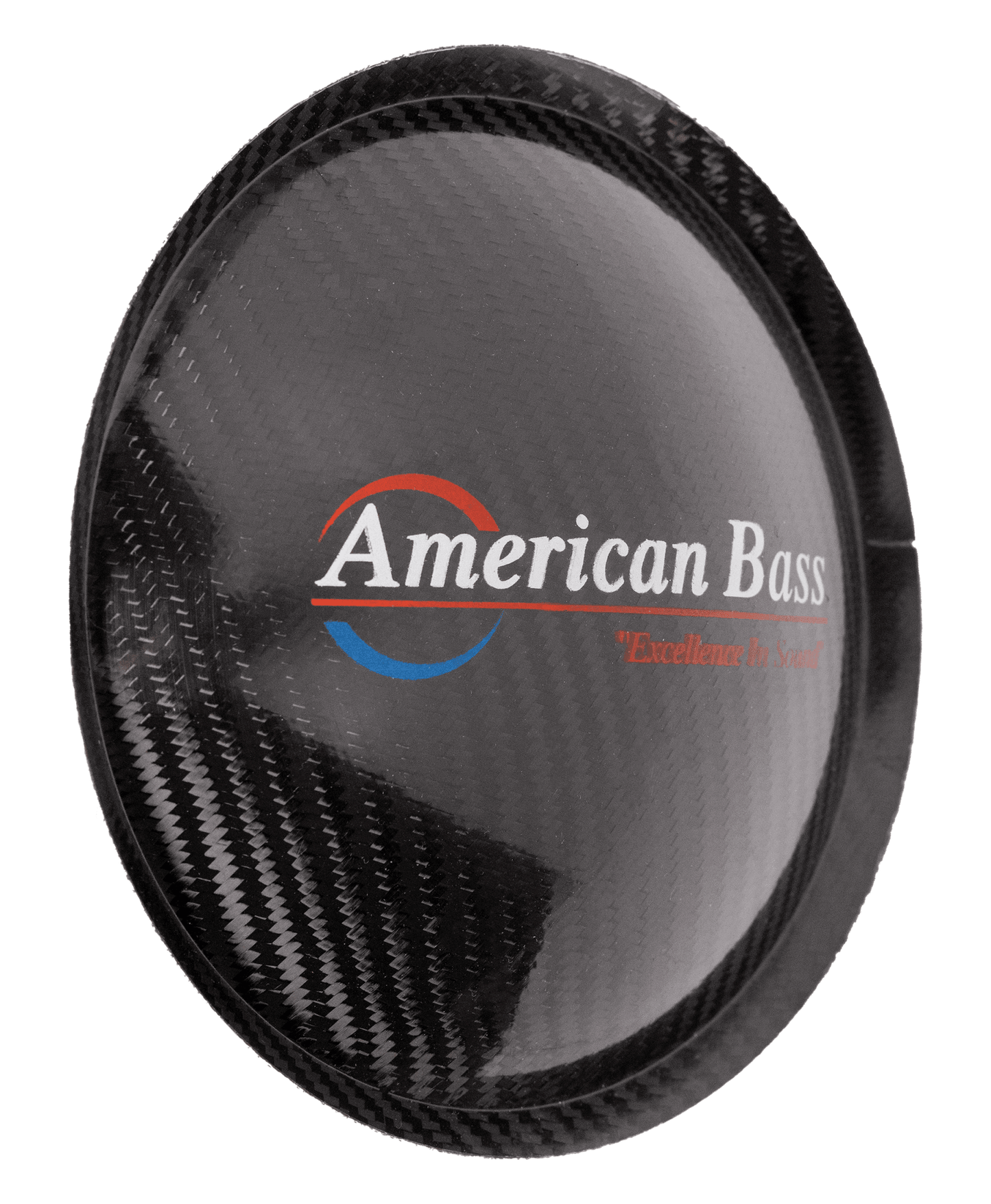 American Bass logo on a carbon fiber subwoofer cone cover, emphasizing quality and sound enhancement.