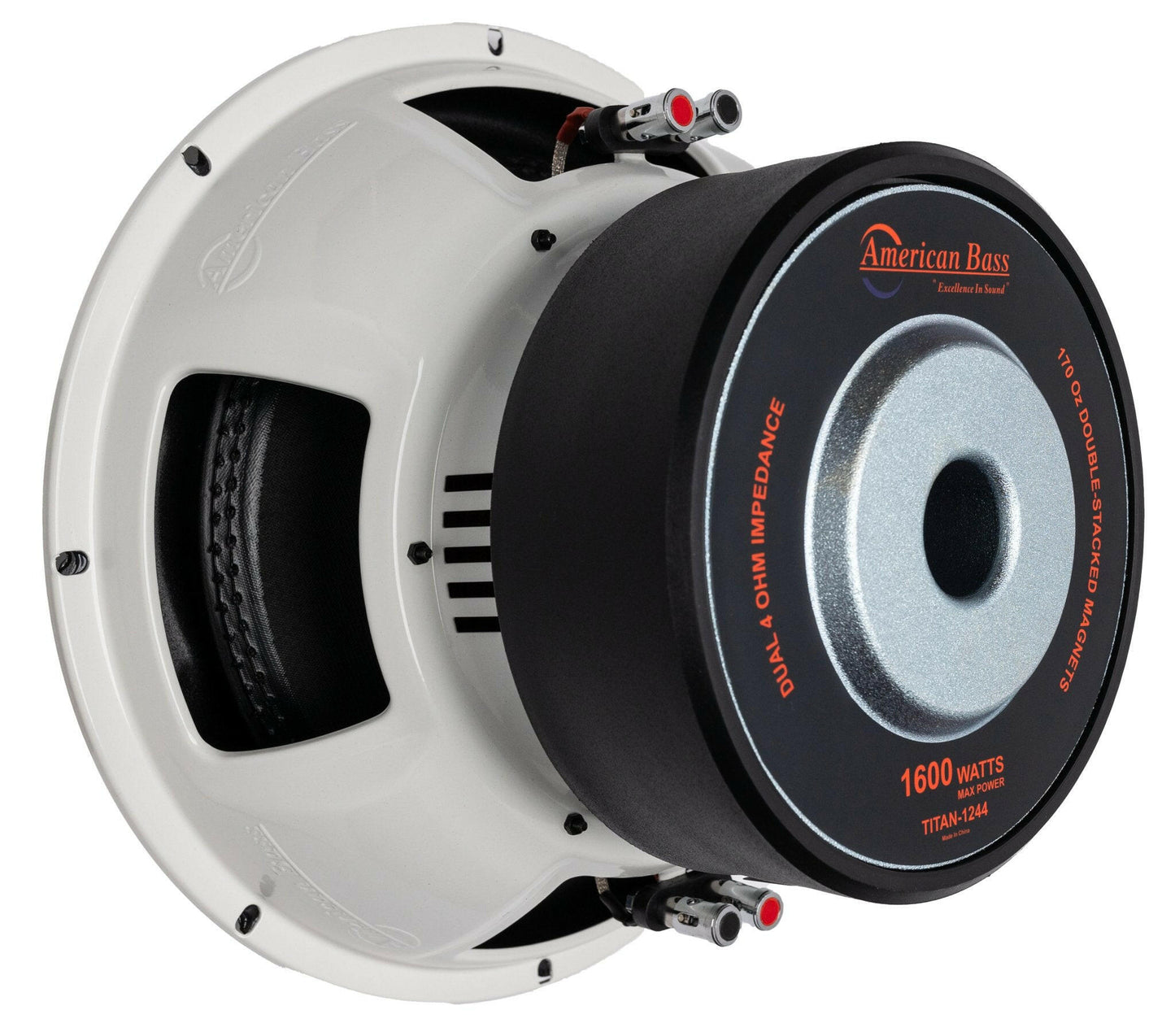 Here is a rewritten version of your sentence using the provided product data: A close-up view of the American Bass TITAN 12″ Car Subwoofer with dual 4-ohm voice coils, displaying the back and side. Labels indicate a maximum power of 1600 watts (800 watts RMS). This subwoofer features a white design accented with black and red details.