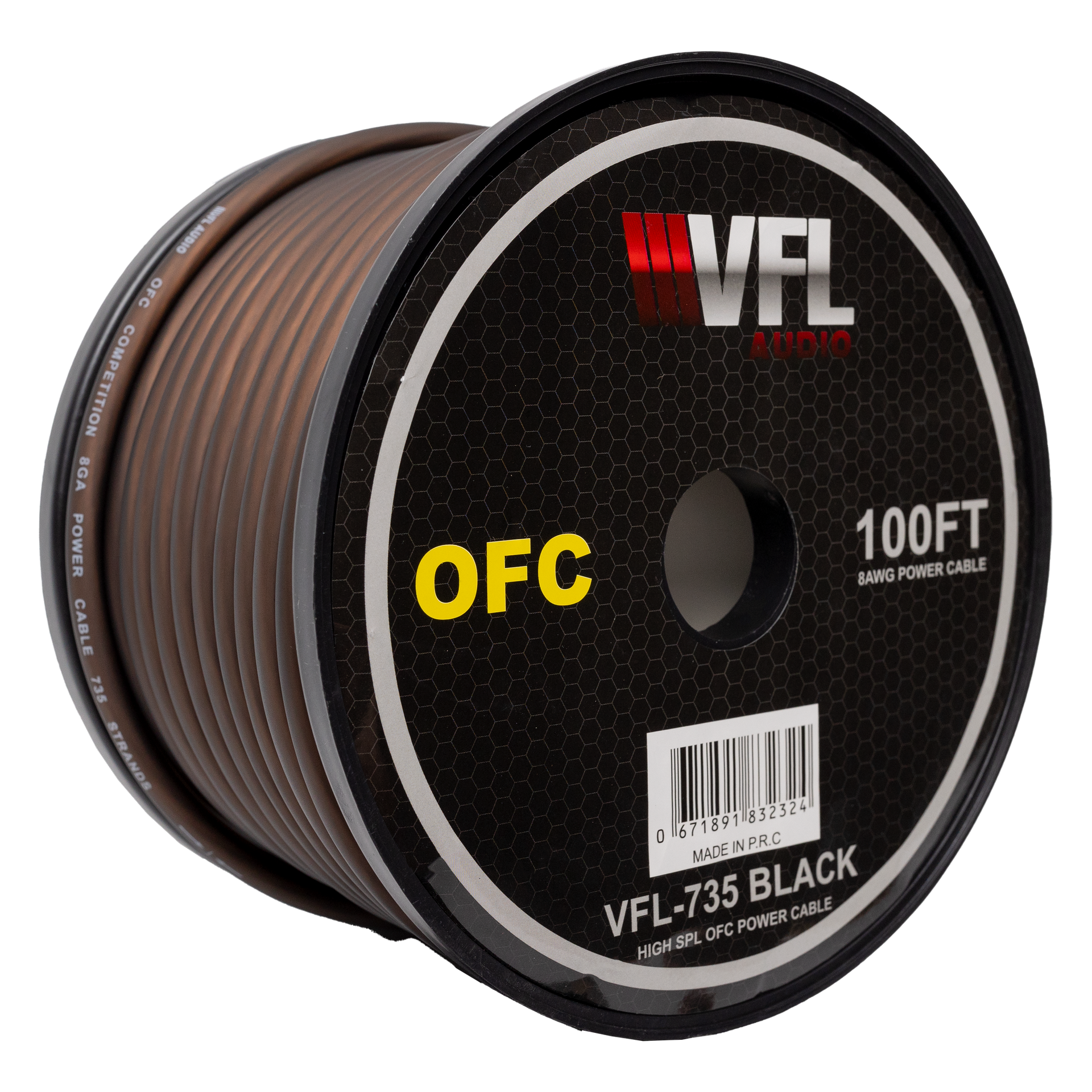 The VFL 8 Gauge OFC Wire 100ft Roll features copper wiring visible through a clear cover and branded labeling—ideal for car audio power wire installs.