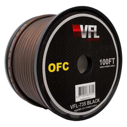 The VFL 8 Gauge OFC Wire 100ft Roll features copper wiring visible through a clear cover and branded labeling—ideal for car audio power wire installs.