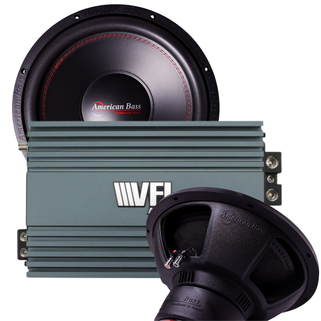 Two American Bass Audio DX 15″ subwoofers and a VFL Rebel REBEL-3000.1 Class D monoblock amplifier from the Ground Pound Bundle are displayed overlapping on a white background, highlighting this powerful dual 15-inch subwoofer package.