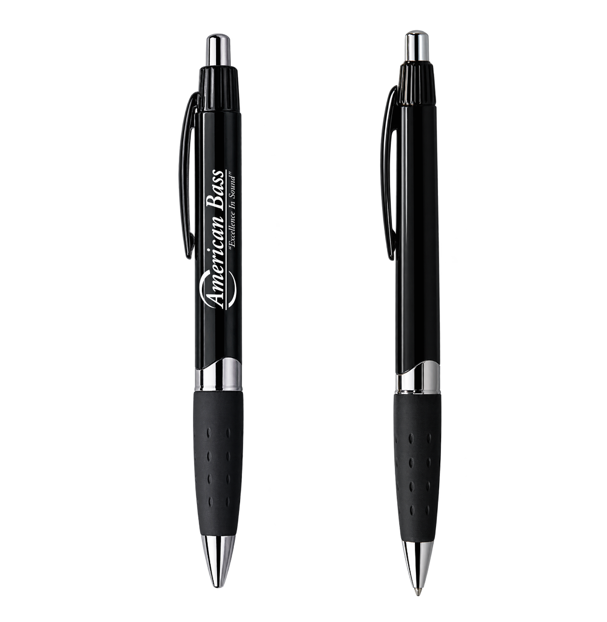Set of two Cubano Pens - Black & Silver by American Bass Audio. Each retractable pen features a black barrel with silver tip and clip, and a black rubber grip with small indentations for comfort. One pen is imprinted with the American Bass Audio logo and slogan, while the other displays the plain reverse side. Ideal as dealer swag or a practical trade show giveaway.