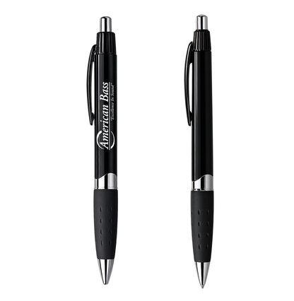 Set of two Cubano Pens - Black & Silver by American Bass Audio. Each retractable pen features a black barrel with silver tip and clip, and a black rubber grip with small indentations for comfort. One pen is imprinted with the American Bass Audio logo and slogan, while the other displays the plain reverse side. Ideal as dealer swag or a practical trade show giveaway.