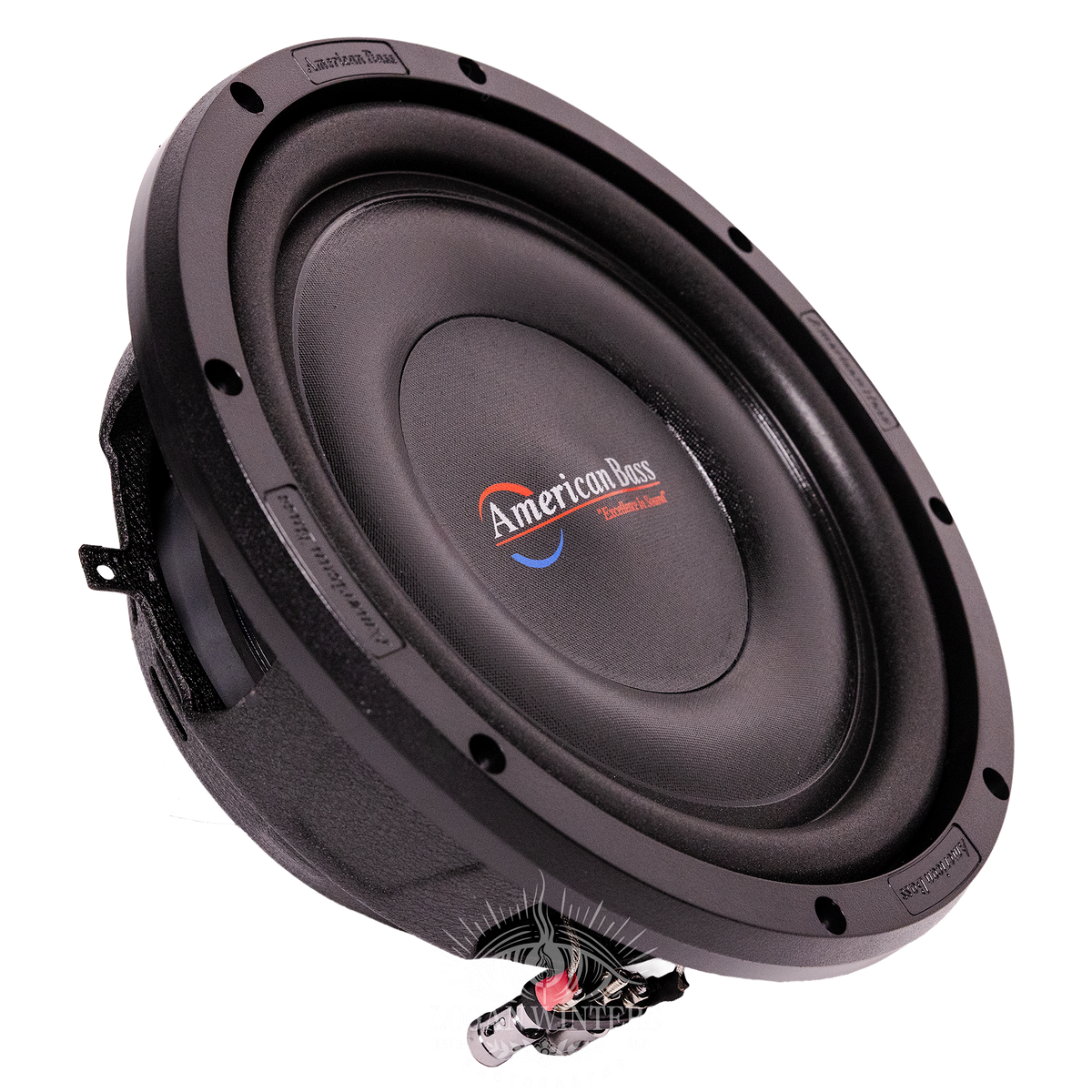 An American Bass SL 10″ Car Subwoofer, shown angled to reveal its depth, features a black finish with the brand logo prominently displayed at the center. This 300 Watts RMS single voice coil (4 Ohm) shallow mount subwoofer has visible mounting holes and red/black connection terminals, making it a sleek yet powerful upgrade for any car audio system.