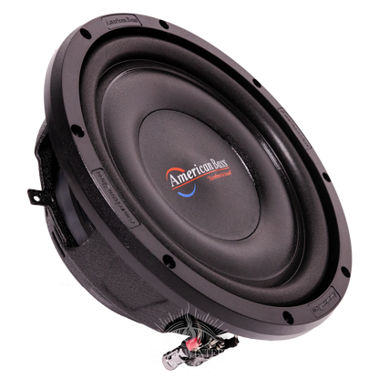 An American Bass SL 10″ Car Subwoofer, shown angled to reveal its depth, features a black finish with the brand logo prominently displayed at the center. This 300 Watts RMS single voice coil (4 Ohm) shallow mount subwoofer has visible mounting holes and red/black connection terminals, making it a sleek yet powerful upgrade for any car audio system.