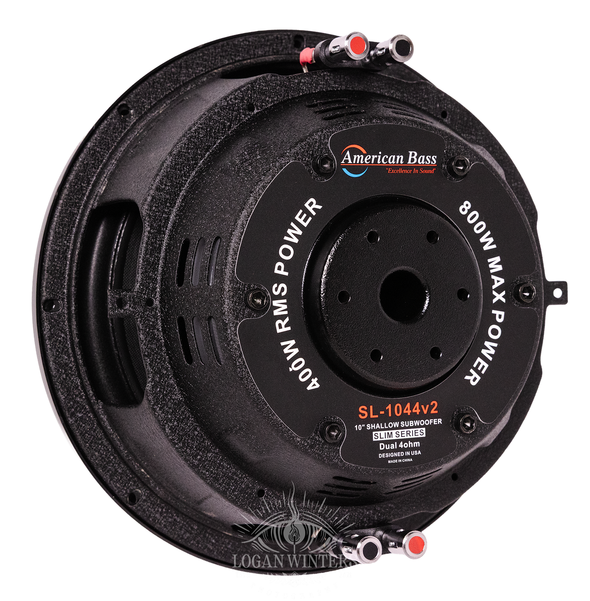 A black American Bass SL 10″ car subwoofer with a shallow mount design, single 4-ohm voice coil, and red and black terminals, labeled 300W RMS. The logo and product details are printed on the back of this slim subwoofer.