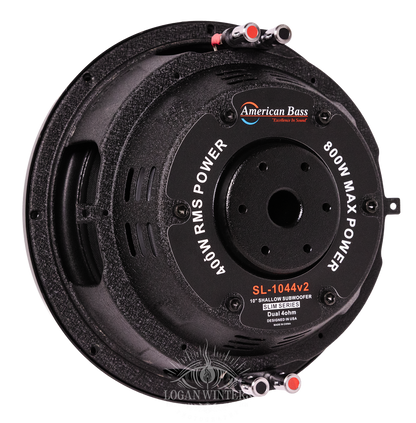 A black American Bass SL 10″ car subwoofer with a shallow mount design, single 4-ohm voice coil, and red and black terminals, labeled 300W RMS. The logo and product details are printed on the back of this slim subwoofer.