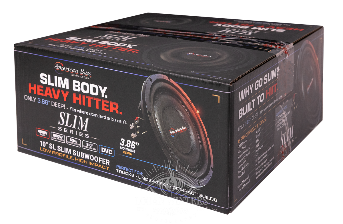 Introducing the American Bass SL 10″ Car Subwoofer (Single Voice Coil 4 Ohm, Shallow Mount)—showcased in a box that emphasizes its Slim Body. Heavy Hitter. design and robust 300 Watts RMS (600 Watts Max) power handling. The packaging features images and key highlights of this low-profile, high-impact subwoofer, making it an ideal choice for car audio enthusiasts seeking powerful performance in a sleek, space-saving 10-inch form factor.