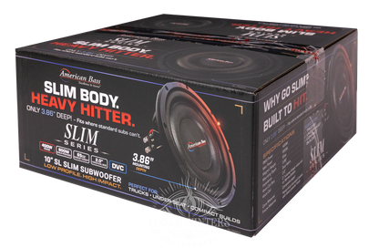 Introducing the American Bass SL 10″ Car Subwoofer (Single Voice Coil 4 Ohm, Shallow Mount)—showcased in a box that emphasizes its Slim Body. Heavy Hitter. design and robust 300 Watts RMS (600 Watts Max) power handling. The packaging features images and key highlights of this low-profile, high-impact subwoofer, making it an ideal choice for car audio enthusiasts seeking powerful performance in a sleek, space-saving 10-inch form factor.