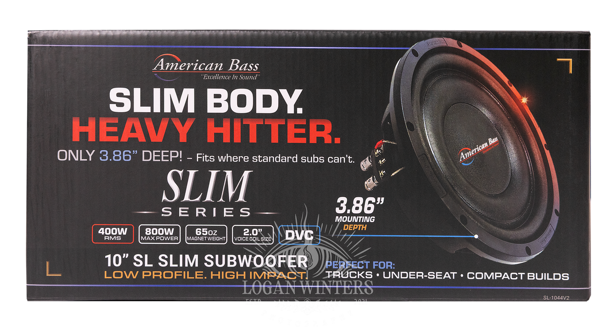Showcased on the right is the American Bass SL 10″ Car Subwoofer—a shallow mount solution featuring a 3.86″ mounting depth, 300W RMS, and a single 4 Ohm voice coil. Ideal for trucks, under-seat installations, and compact builds, this versatile slim 10 inch subwoofer offers powerful bass in tight spaces for those seeking efficient sound performance.