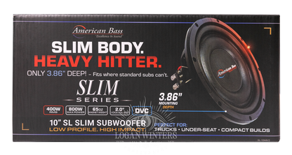 Showcased on the right is the American Bass SL 10″ Car Subwoofer—a shallow mount solution featuring a 3.86″ mounting depth, 300W RMS, and a single 4 Ohm voice coil. Ideal for trucks, under-seat installations, and compact builds, this versatile slim 10 inch subwoofer offers powerful bass in tight spaces for those seeking efficient sound performance.