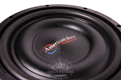 Close-up of an American Bass SL 10″ Car Subwoofer (300 Watts RMS, Single Voice Coil 4 Ohm, Shallow Mount) in black, with the logo and the “Excellence in Sound” slogan visible at the center, photographed by Logan Winters.