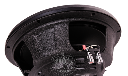 Close-up view of the back of the American Bass SL 10″ Car Subwoofer (300 Watts RMS, Single Voice Coil 4 Ohm, Shallow Mount), featuring a textured black surface, metal terminals, and red and black wiring against a white background.