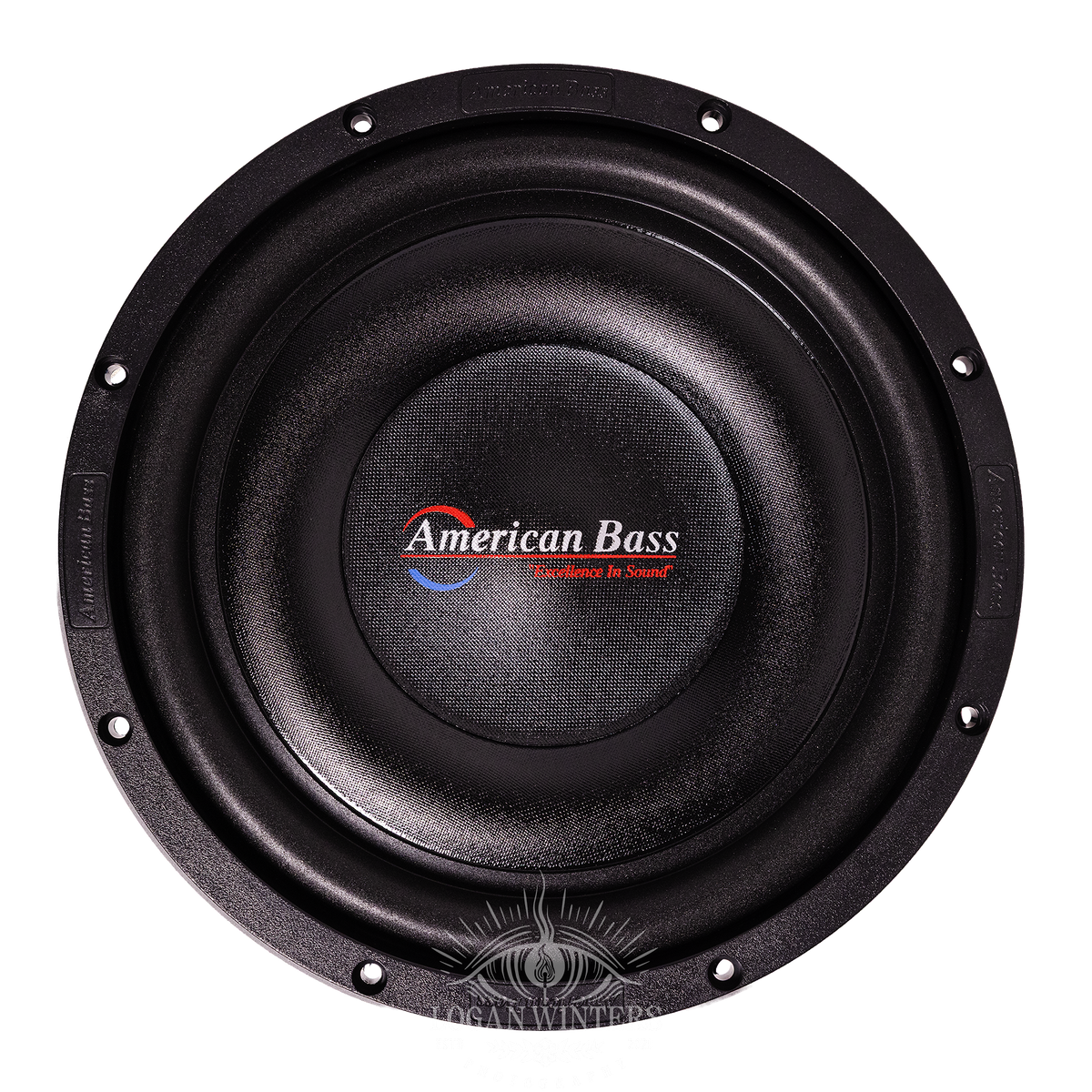 A close-up of the American Bass SL 10″ Car Subwoofer, a round black shallow mount subwoofer with the American Bass logo in the center and the red slogan “Excellence in Sound” displayed below it.
