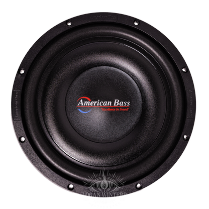A close-up of the American Bass SL 10″ Car Subwoofer, a round black shallow mount subwoofer with the American Bass logo in the center and the red slogan “Excellence in Sound” displayed below it.