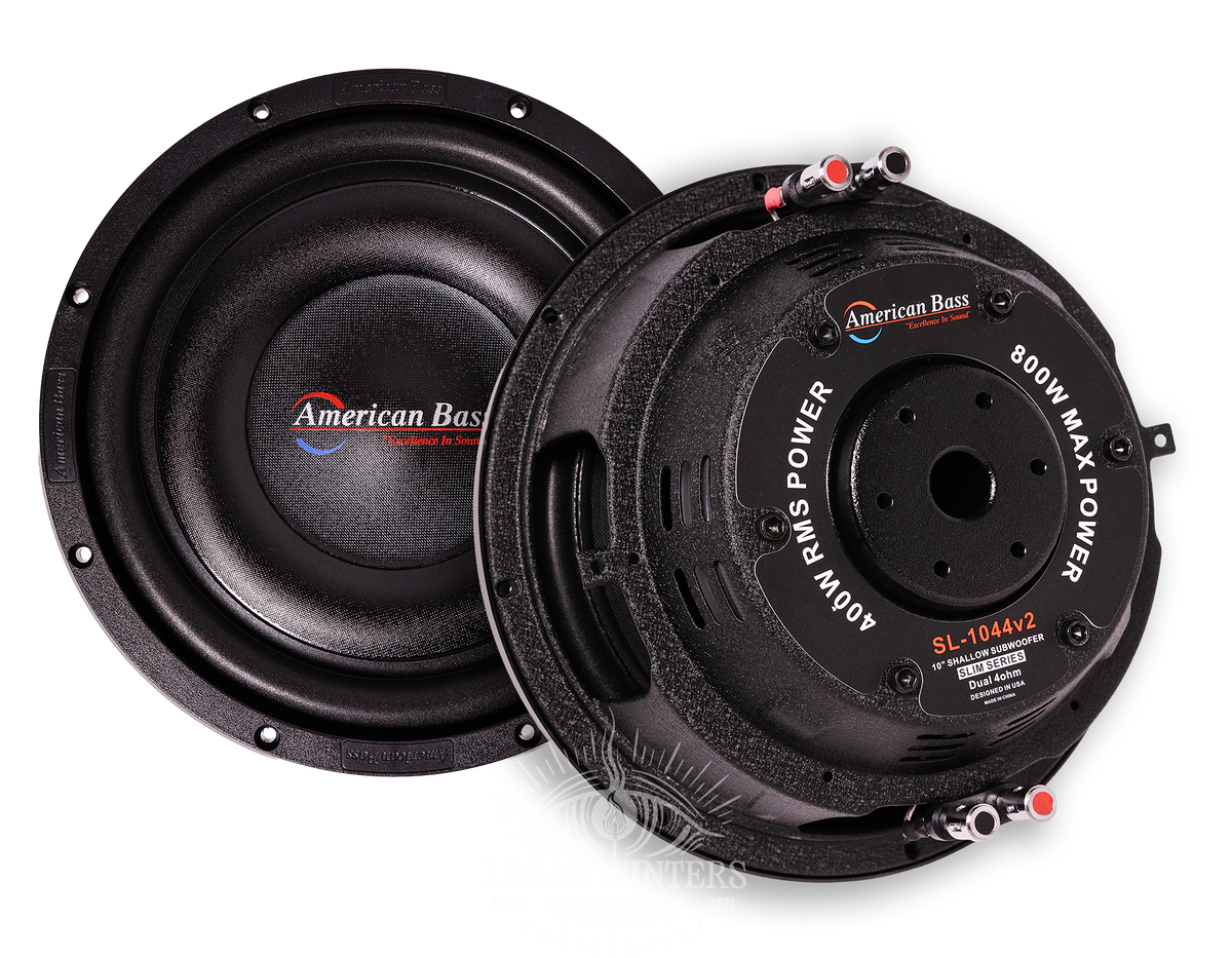 Two American Bass SL 10″ Car Subwoofer | 300 Watts RMS | Single Voice Coil 4 Ohm (Shallow Mount) units are shown, one highlighting the front with the American Bass logo and the other featuring the back with power ratings and connection terminals. These slim, shallow-mount subwoofers are ideal for adding deep bass to your car audio system without taking up much space.
