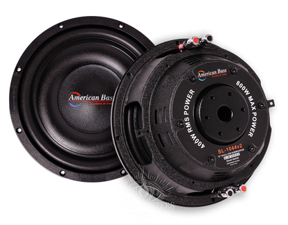 Two American Bass SL 10″ Car Subwoofer | 300 Watts RMS | Single Voice Coil 4 Ohm (Shallow Mount) units are shown, one highlighting the front with the American Bass logo and the other featuring the back with power ratings and connection terminals. These slim, shallow-mount subwoofers are ideal for adding deep bass to your car audio system without taking up much space.