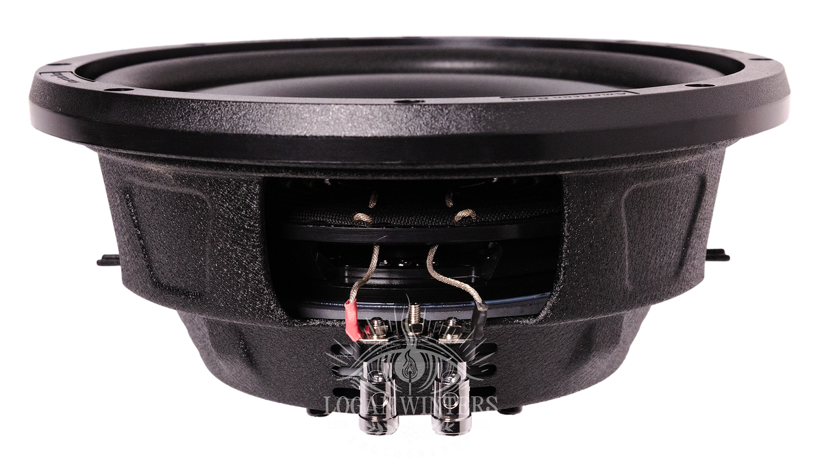 A close-up of the American Bass SL 10″ Car Subwoofer (300 Watts RMS, Single Voice Coil 4 Ohm, Shallow Mount) in black, showing the wiring and connection terminals against a white background.