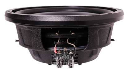 A close-up of the American Bass SL 10″ Car Subwoofer (300 Watts RMS, Single Voice Coil 4 Ohm, Shallow Mount) in black, showing the wiring and connection terminals against a white background.