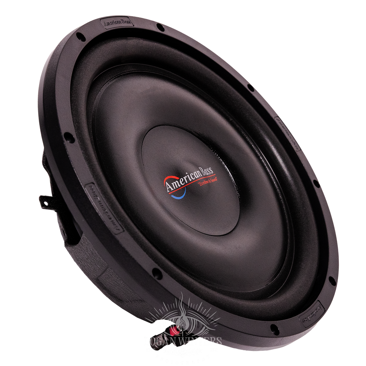An American Bass SL 12″ Car Subwoofer (300 Watts RMS, Single Voice Coil 4 Ohm, Shallow Mount) with a black round cone and the company logo in the center, shown against a plain white background. This compact subwoofer is designed for vehicles with limited installation space, delivering powerful bass performance.