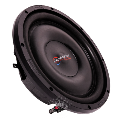 An American Bass SL 12″ Car Subwoofer (300 Watts RMS, Single Voice Coil 4 Ohm, Shallow Mount) with a black round cone and the company logo in the center, shown against a plain white background. This compact subwoofer is designed for vehicles with limited installation space, delivering powerful bass performance.