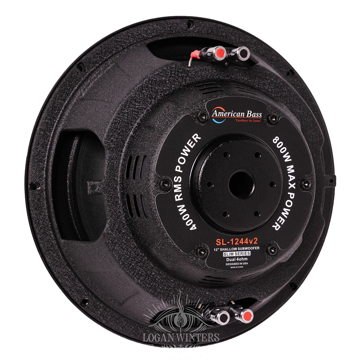 American Bass SL 12″ Car Subwoofer is a shallow mount, single voice coil 4-ohm car subwoofer with 300 watts RMS power, shown from the back with connection terminals and product label visible.