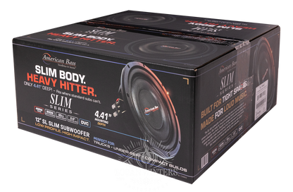 Packaging for the American Bass SL 12″ Car Subwoofer (300 Watts RMS, Single Voice Coil 4 Ohm, Shallow Mount) showcases dynamic images of the slim profile subwoofer and highlights features such as “Slim Body. Heavy Hitter.” The design emphasizes its ultra-shallow 4.41″ mounting depth—making it perfect for trucks and compact car builds—giving customers a clear view of this powerful yet space-saving car audio solution.