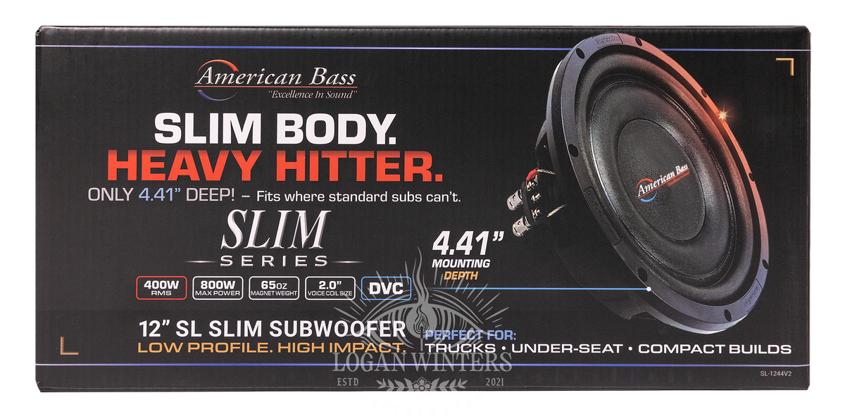 Box for the American Bass SL 12″ Car Subwoofer, crafted specifically for a 12 inch sub with shallow mount design—perfect for under-seat, truck, and other space-limited car audio setups. Features include a slim enclosure supporting a mounting depth of 4.41″, single voice coil 4 Ohm configuration, and robust power handling at 300 Watts RMS to deliver powerful bass in compact builds.