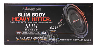 Box for the American Bass SL 12″ Car Subwoofer, crafted specifically for a 12 inch sub with shallow mount design—perfect for under-seat, truck, and other space-limited car audio setups. Features include a slim enclosure supporting a mounting depth of 4.41″, single voice coil 4 Ohm configuration, and robust power handling at 300 Watts RMS to deliver powerful bass in compact builds.