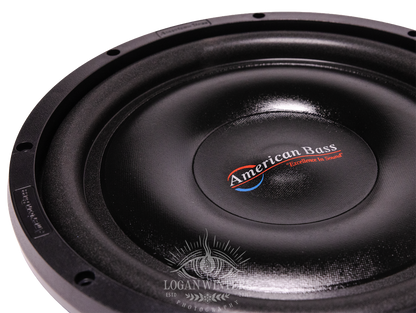 Close-up of a black American Bass SL 12″ Car Subwoofer with “Excellence in Sound” text at the center, featuring a single voice coil (4 Ohm) and 300 Watts RMS (Shallow Mount), photographed on a white background.