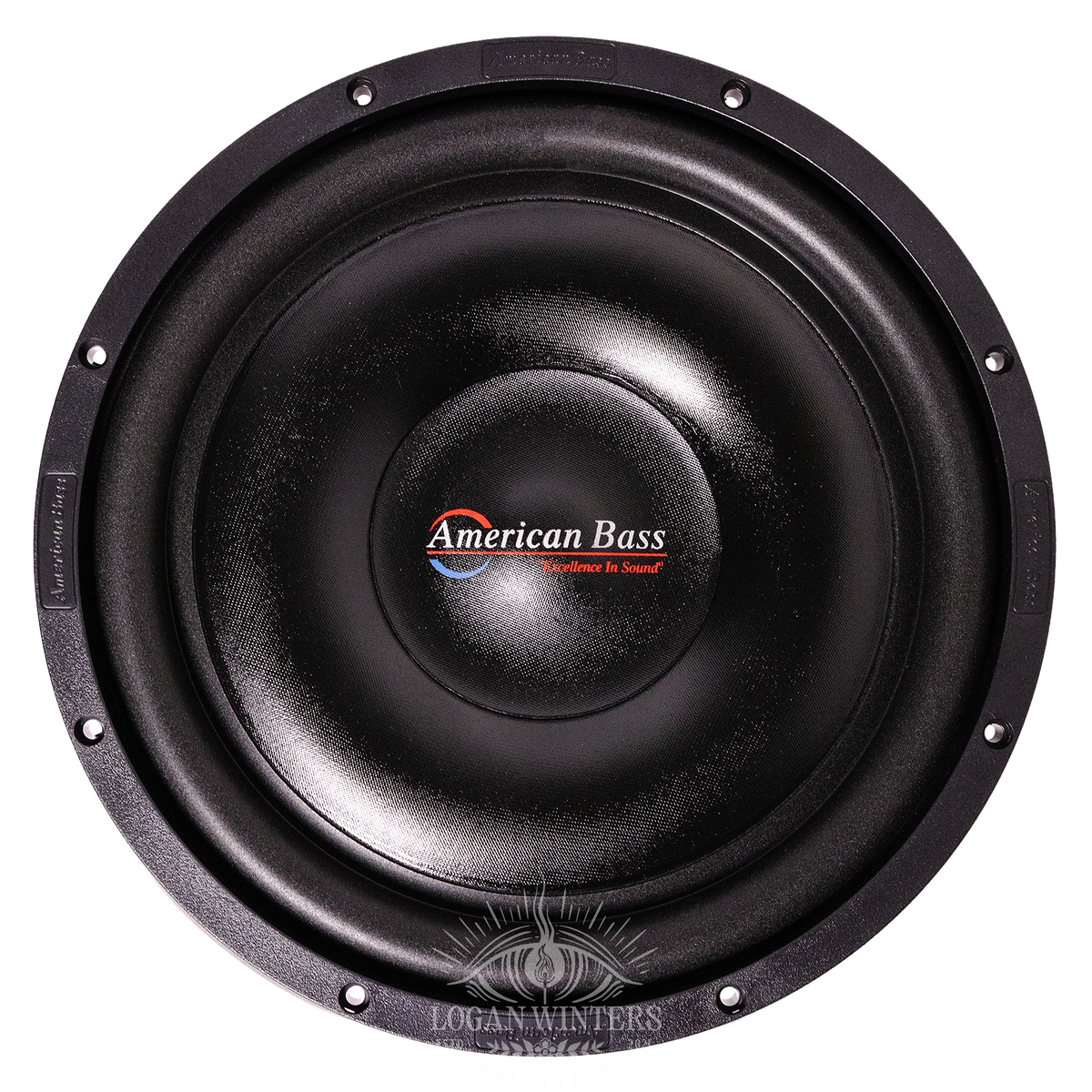 A close-up of the American Bass SL 12″ Car Subwoofer (300 Watts RMS, Single Voice Coil 4 Ohm, Shallow Mount), featuring a black cone with the American Bass logo and slogan “Excellence in Sound” at the center, and metallic bolts along the circular rim.