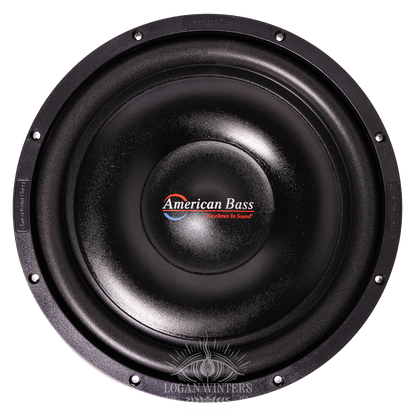 A close-up of the American Bass SL 12″ Car Subwoofer (300 Watts RMS, Single Voice Coil 4 Ohm, Shallow Mount), featuring a black cone with the American Bass logo and slogan “Excellence in Sound” at the center, and metallic bolts along the circular rim.