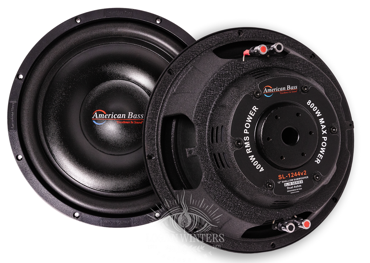 Two American Bass SL 12″ Car Subwoofers are displayed, one facing forward with the logo visible and the other showing the back label featuring 800W Max Power and connection terminals. These powerful 12-inch subwoofers deliver deep bass performance with a shallow mount design—ideal for tight spaces without sacrificing sound quality. Each subwoofer features a single voice coil at 4 Ohms and is rated at 300 Watts RMS, making them perfect for enhancing your car’s audio system.