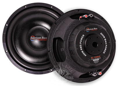 Two American Bass SL 12″ Car Subwoofers are displayed, one facing forward with the logo visible and the other showing the back label featuring 800W Max Power and connection terminals. These powerful 12-inch subwoofers deliver deep bass performance with a shallow mount design—ideal for tight spaces without sacrificing sound quality. Each subwoofer features a single voice coil at 4 Ohms and is rated at 300 Watts RMS, making them perfect for enhancing your car’s audio system.