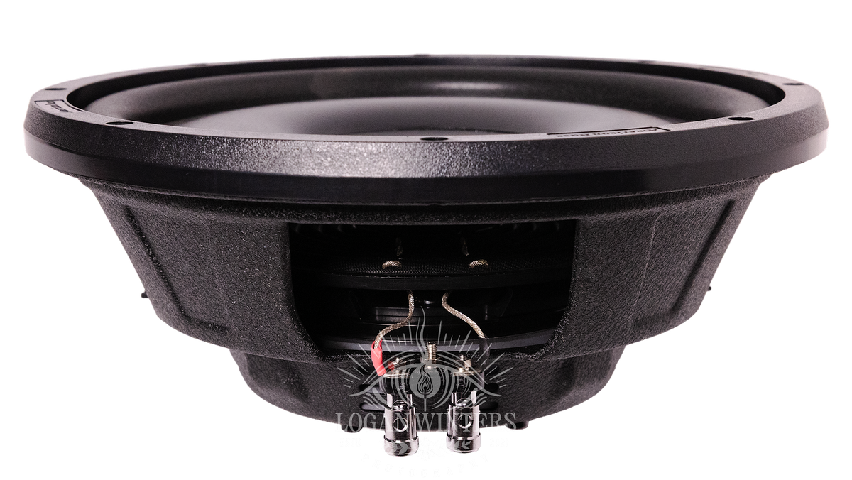 A close-up view of the American Bass SL 12″ Car Subwoofer (300 Watts RMS, Single Voice Coil 4 Ohm, Shallow Mount) in black, showing visible wiring and terminals against a white background.