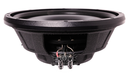 A close-up view of the American Bass SL 12″ Car Subwoofer (300 Watts RMS, Single Voice Coil 4 Ohm, Shallow Mount) in black, showing visible wiring and terminals against a white background.