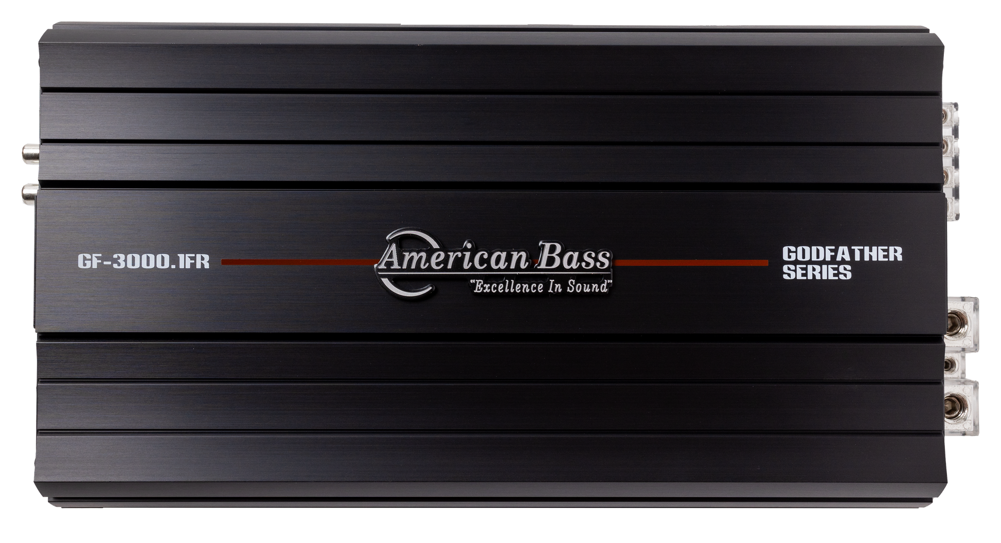 Rectangular black American Bass Godfather 2000.1D mono amplifier with silver logo and text on top for strong bass output; external connection ports are visible on the right side.