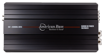 Rectangular black American Bass Godfather 2000.1D mono amplifier with silver logo and text on top for strong bass output; external connection ports are visible on the right side.