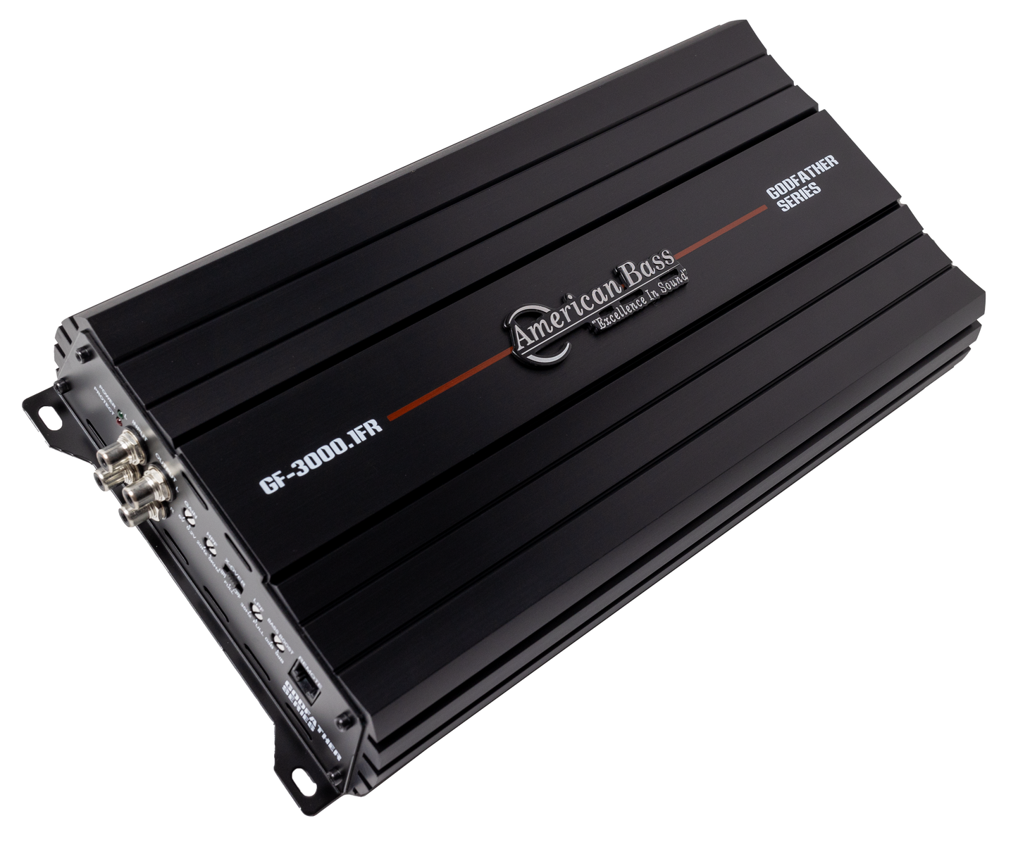 A black American Bass Godfather 2000.1D car amplifier is shown at an angle, highlighting its top branding and connection ports, engineered for powerful bass performance.