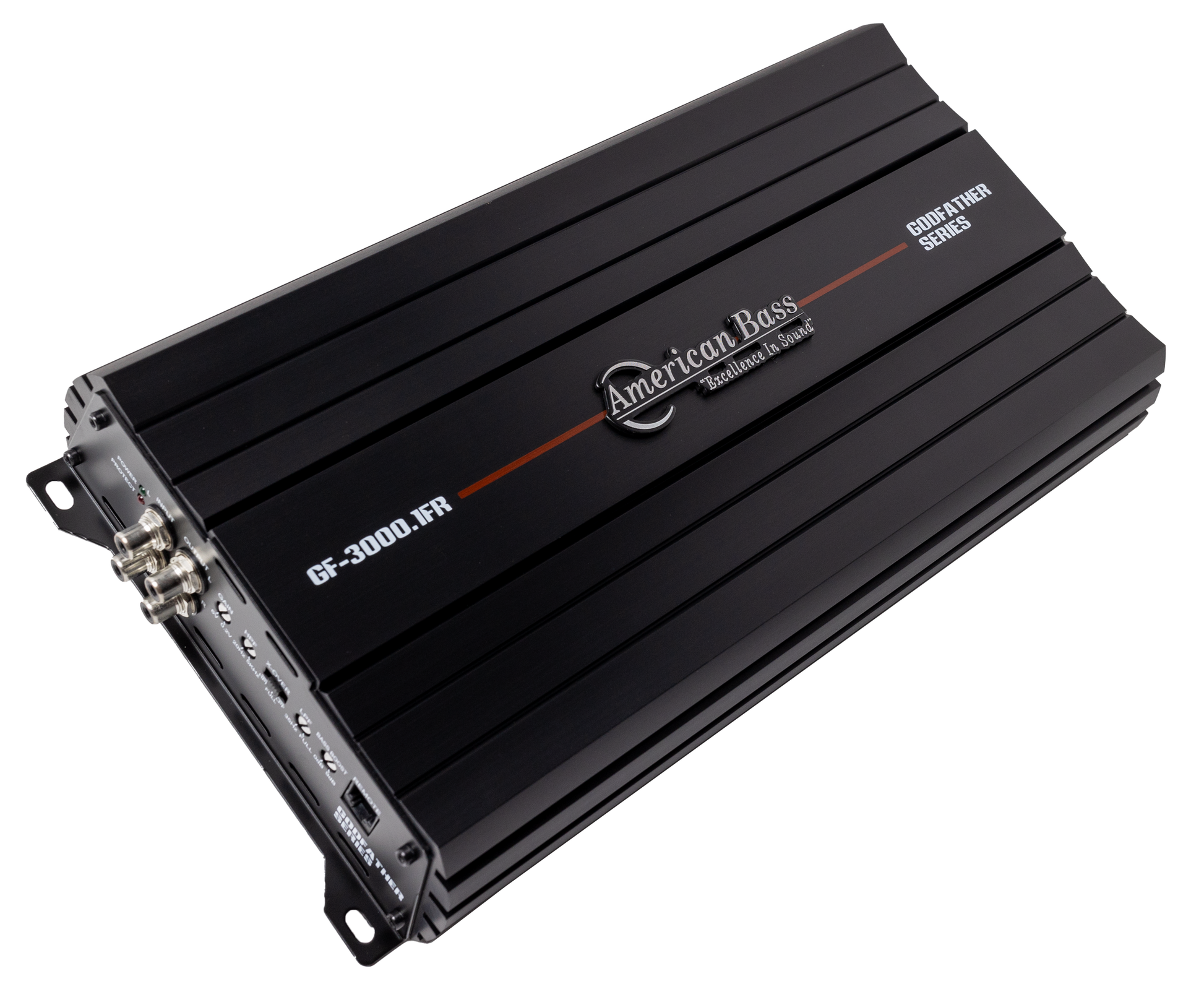 A black American Bass Godfather 2000.1D car amplifier is shown at an angle, highlighting its top branding and connection ports, engineered for powerful bass performance.
