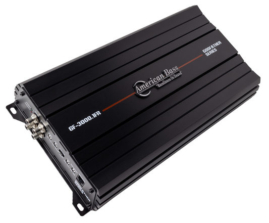 A black American Bass Godfather 2000.1D car amplifier is shown at an angle, highlighting its top branding and connection ports, engineered for powerful bass performance.