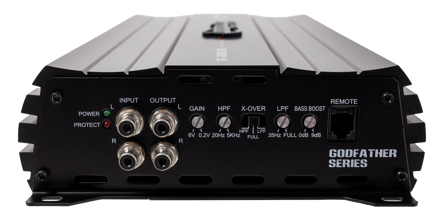 Close-up of the American Bass Godfather 2000.1D Amplifier in black, featuring clearly labeled input/output ports, adjustment knobs, HPF/LPF/X-OVER/FULL switches, bass boost for deep bass, and a remote jack on the front panel.