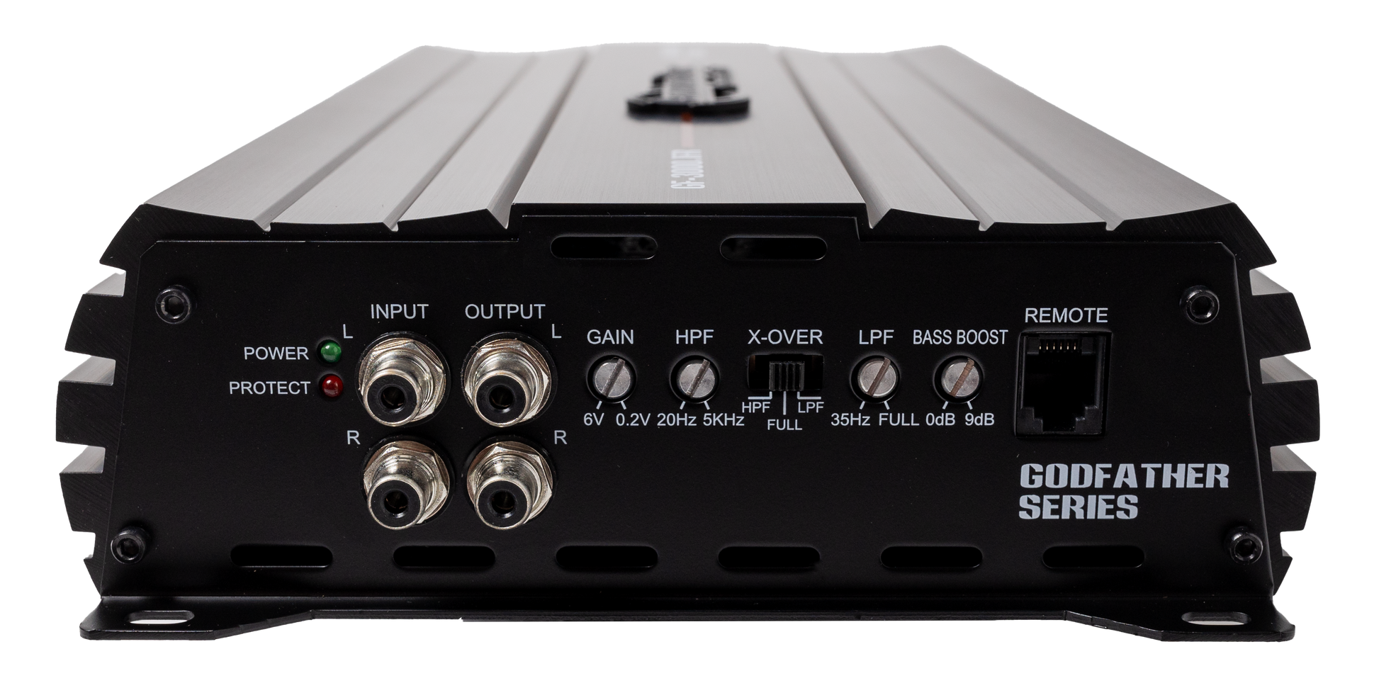 Close-up of the American Bass Godfather 2000.1D Amplifier in black, featuring clearly labeled input/output ports, adjustment knobs, HPF/LPF/X-OVER/FULL switches, bass boost for deep bass, and a remote jack on the front panel.