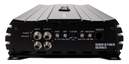 Close-up of the American Bass Godfather 2000.1D Amplifier in black, featuring clearly labeled input/output ports, adjustment knobs, HPF/LPF/X-OVER/FULL switches, bass boost for deep bass, and a remote jack on the front panel.